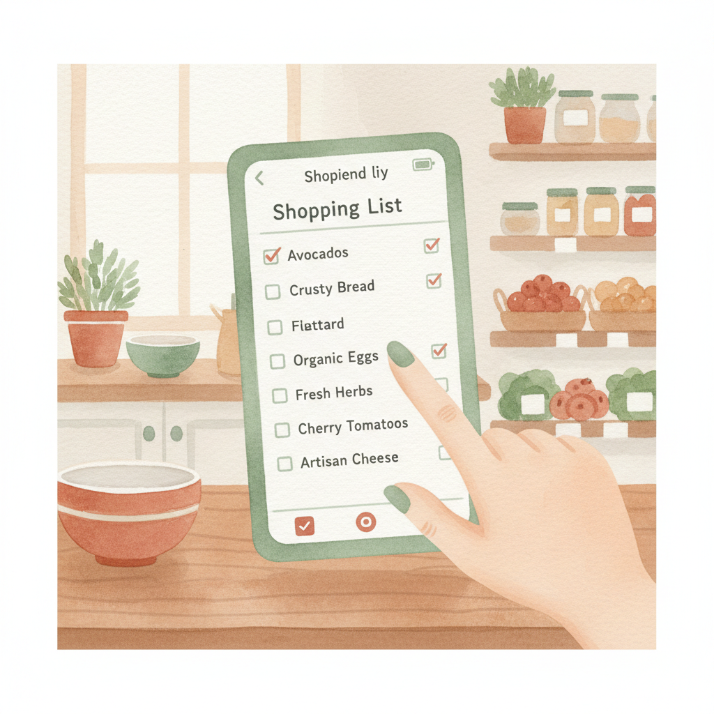 Nahaufnahme einer digitalen Einkaufsliste auf einem Smartphone, eine Hand tippt auf den Bildschirm, im Hintergrund unscharf ein Supermarktregal.