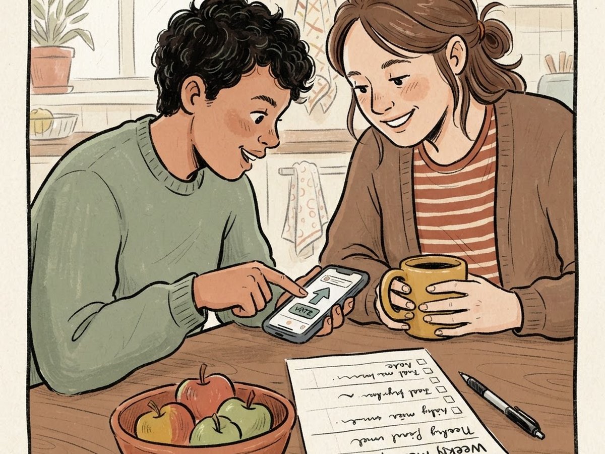 Zwei Personen am Küchentisch stimmen gemeinsam auf dem Handy ab