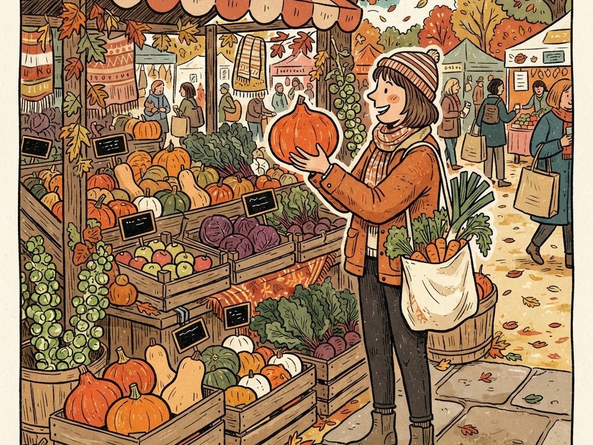 Person am Marktstand mit Kürbis und Herbstgemüse
